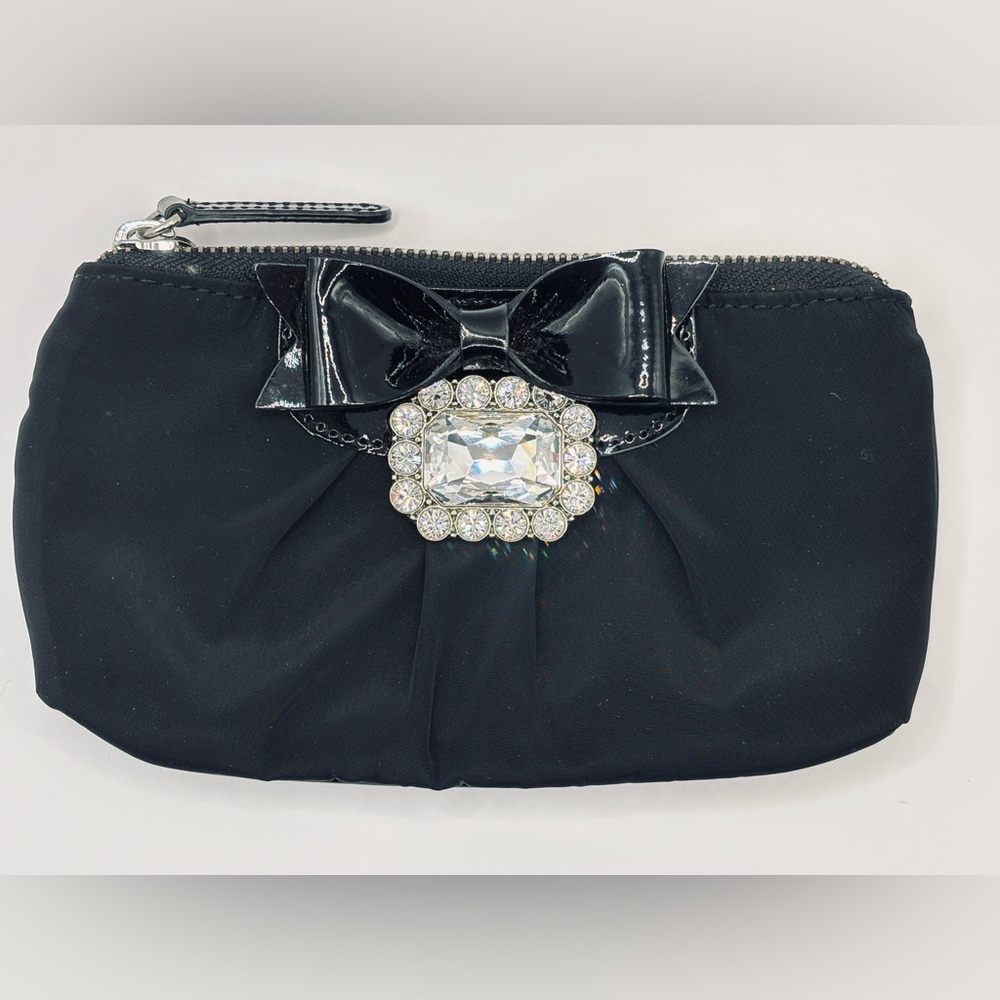 My Flat in London Elegant Black Clutch with Bow and Gemstone Accent